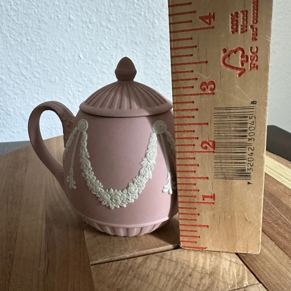 Wedgwood Pink White Jasperware Mini Teapot 3.6 Inch Lid Floral Classical Signed